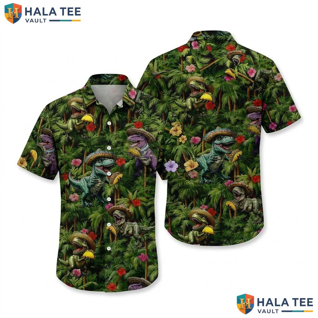 Vibrant Dinosaur Theme Hawaiian Shirt Funny Tropical Playful Color Button Up