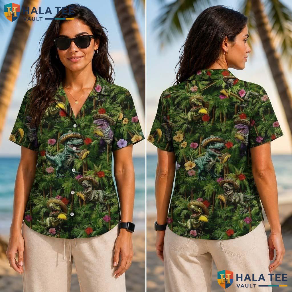 Vibrant Dinosaur Theme Tropical Shirt Funny Tropical Playful Color Button Up