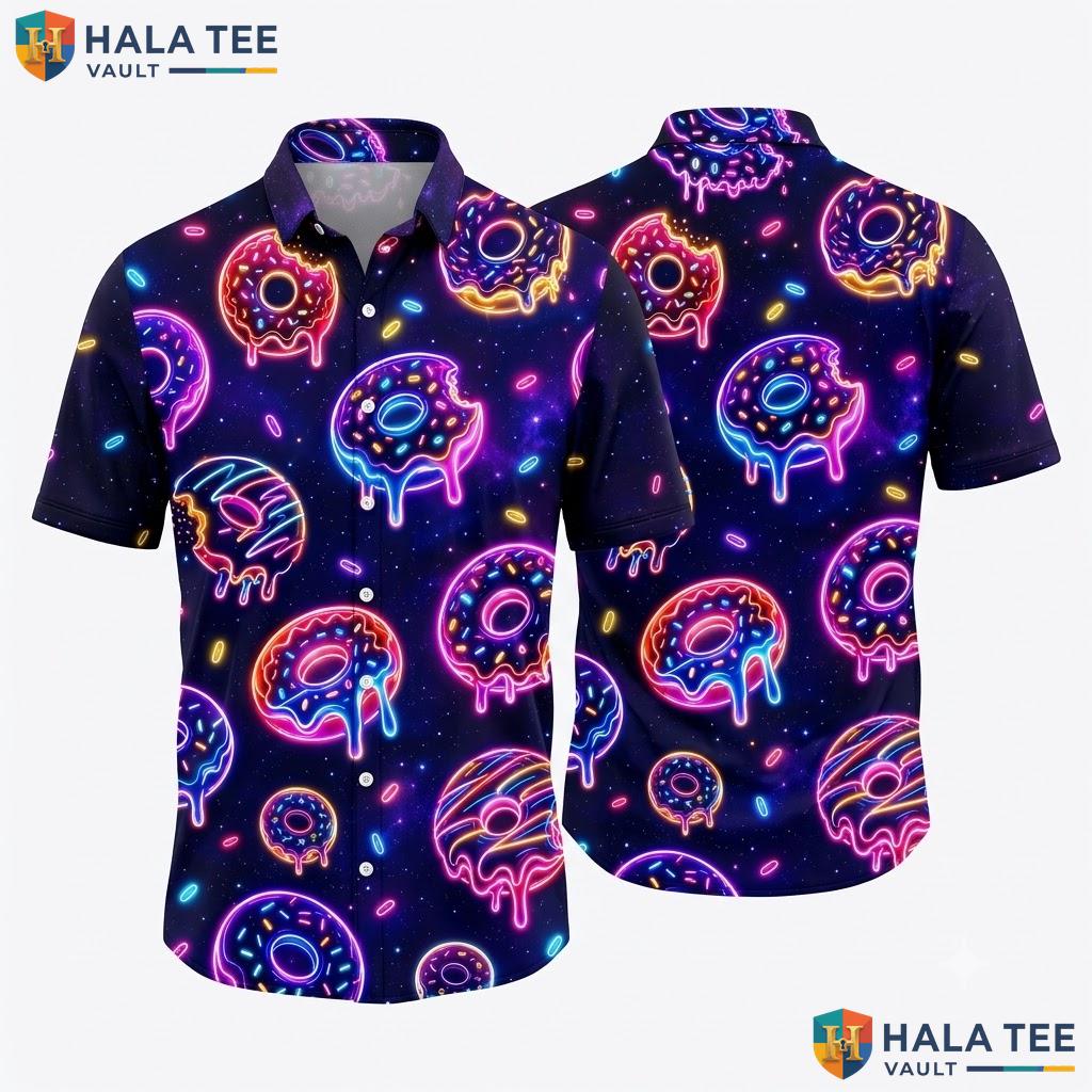 Vibrant Donut Graphic Hawaiian Shirt Neon Tropical Surf Pattern Beach Top