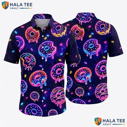 Vibrant Donut Graphic Hawaiian Shirt Neon Tropical Surf Pattern Beach Top