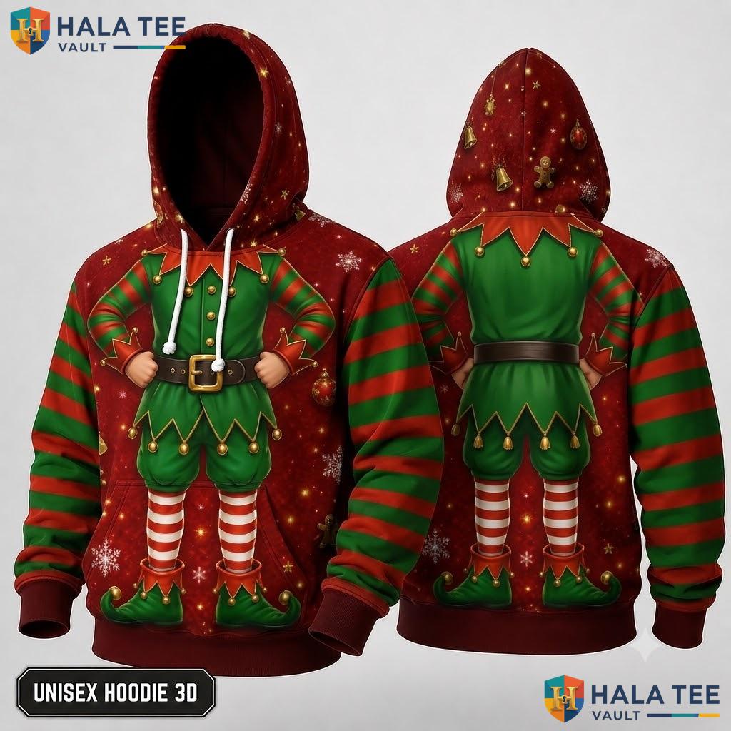 Vibrant Elf Playful Xmas 3D Hoodie Festive Red Holiday Pullover