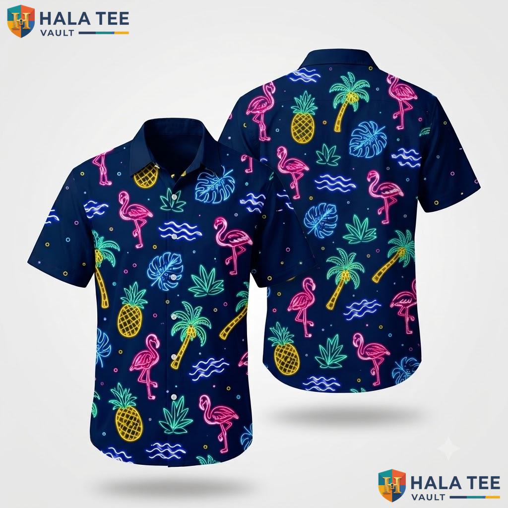 Vibrant Flamingo Tropical Hawaiian Shirt Neon Surf Pattern Short Sleeve