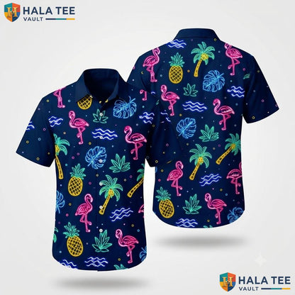 Vibrant Flamingo Tropical Hawaiian Shirt Neon Surf Pattern Short Sleeve