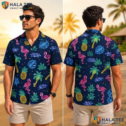 Vibrant Flamingo Tropical Hawaiian Shirt Neon Surf Pattern Short Sleeve Adult