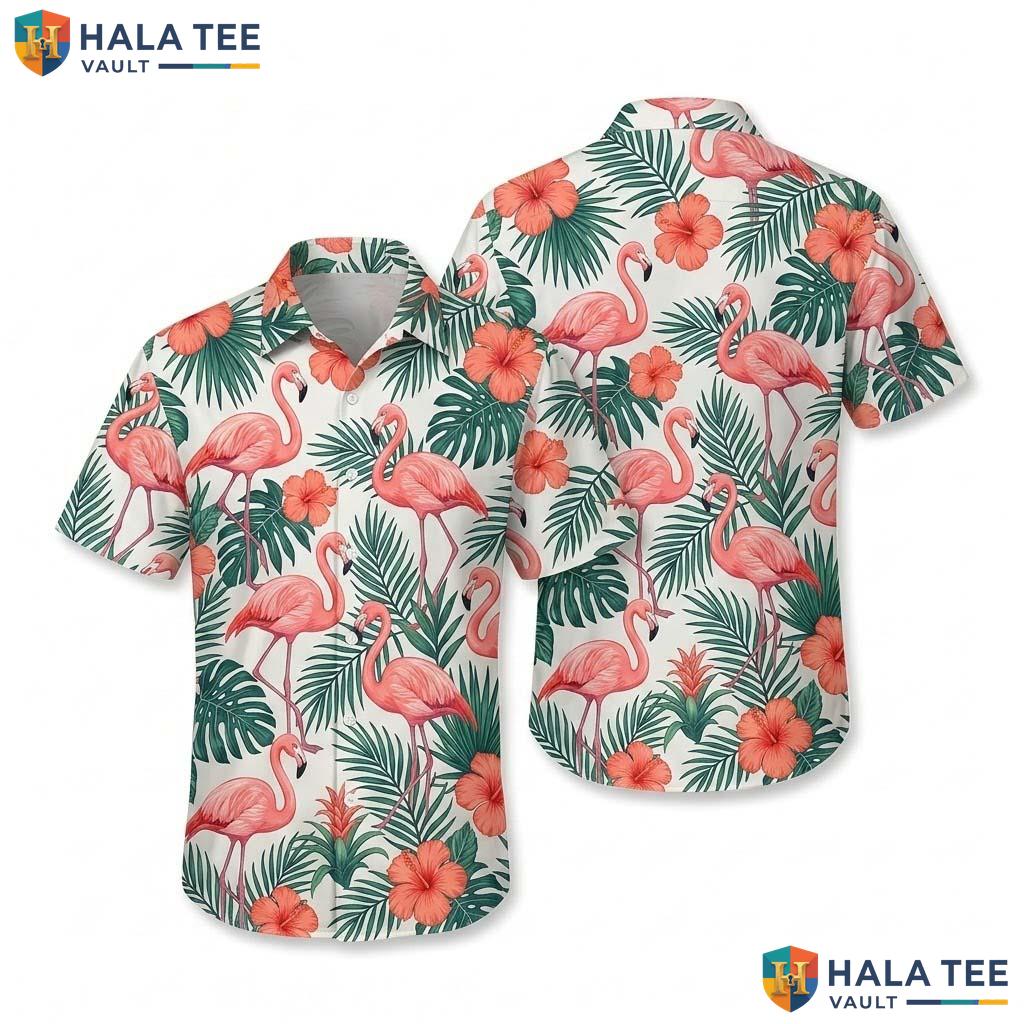 Vibrant Flamingo Tropical Hawaiian Shirt Pink Hibiscus Flower Button Down