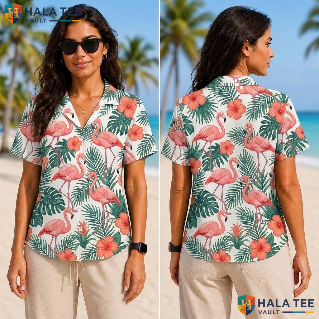 Vibrant Flamingo Tropical Tropical Shirt Pink Hibiscus Flower Button Down