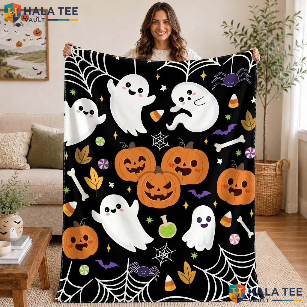 Vibrant Ghost Halloween Blanket Custom Name Cozy Kids Cute Throw