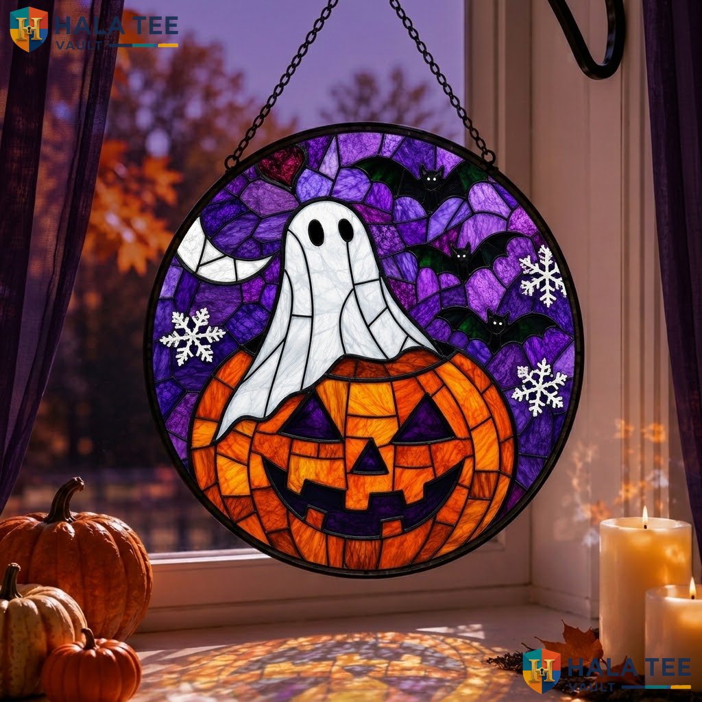 Vibrant Ghost Pumpkin Halloween Stained Glass Suncatcher Spooky Gothic Window