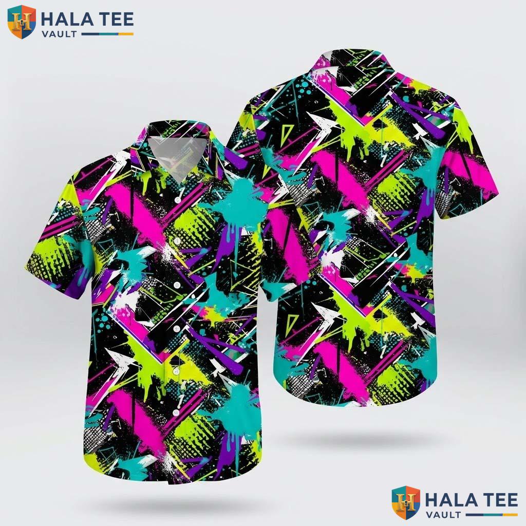 Vibrant Graffiti Hawaiian Shirt Neon Dinosaur Design Boys Colorful Beachwear