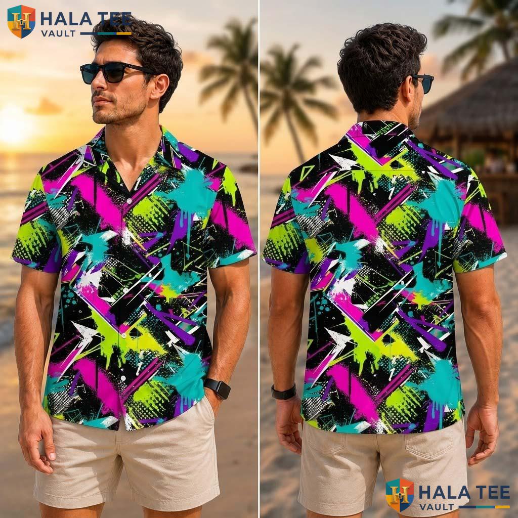 Vibrant Graffiti Tropical Shirt Neon Dinosaur Design Boys Colorful Beachwear
