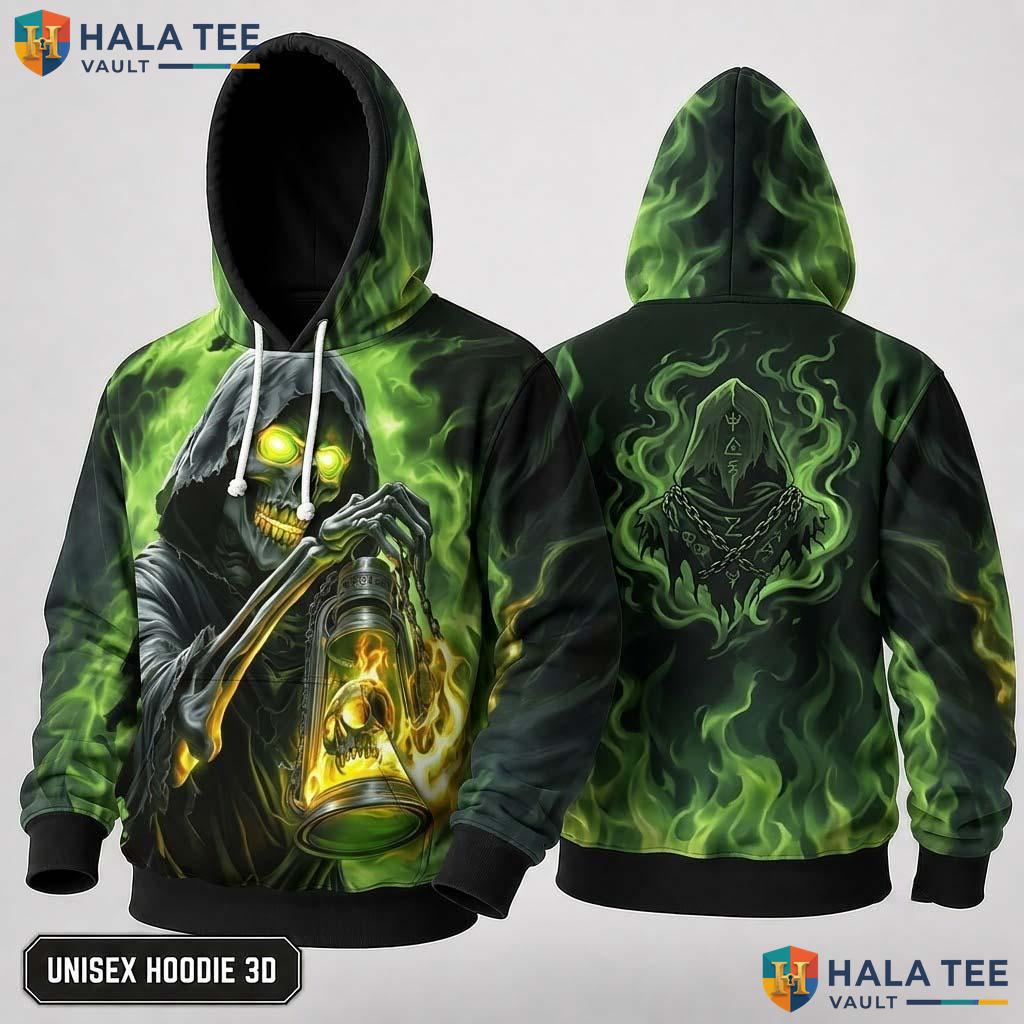 Vibrant Green Flame Reaper 3D Hoodie Vintage Dark Gothic Streetwear