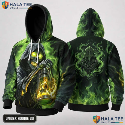 Vibrant Green Flame Reaper 3D Hoodie Vintage Dark Gothic Streetwear