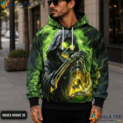 Vibrant Green Flame Reaper 3D Printed Hoodie Vintage Dark Gothic Streetwear
