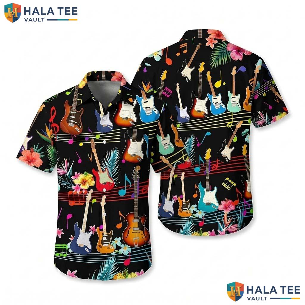 Vibrant Guitar Lover Hawaiian Shirt Colorful Music Note Casual Party Button