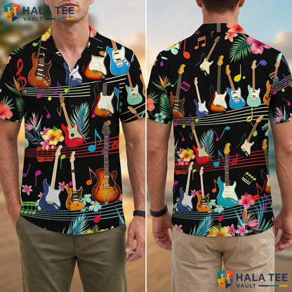 Vibrant Guitar Lover Tropical Shirt Colorful Music Note Casual Party Button