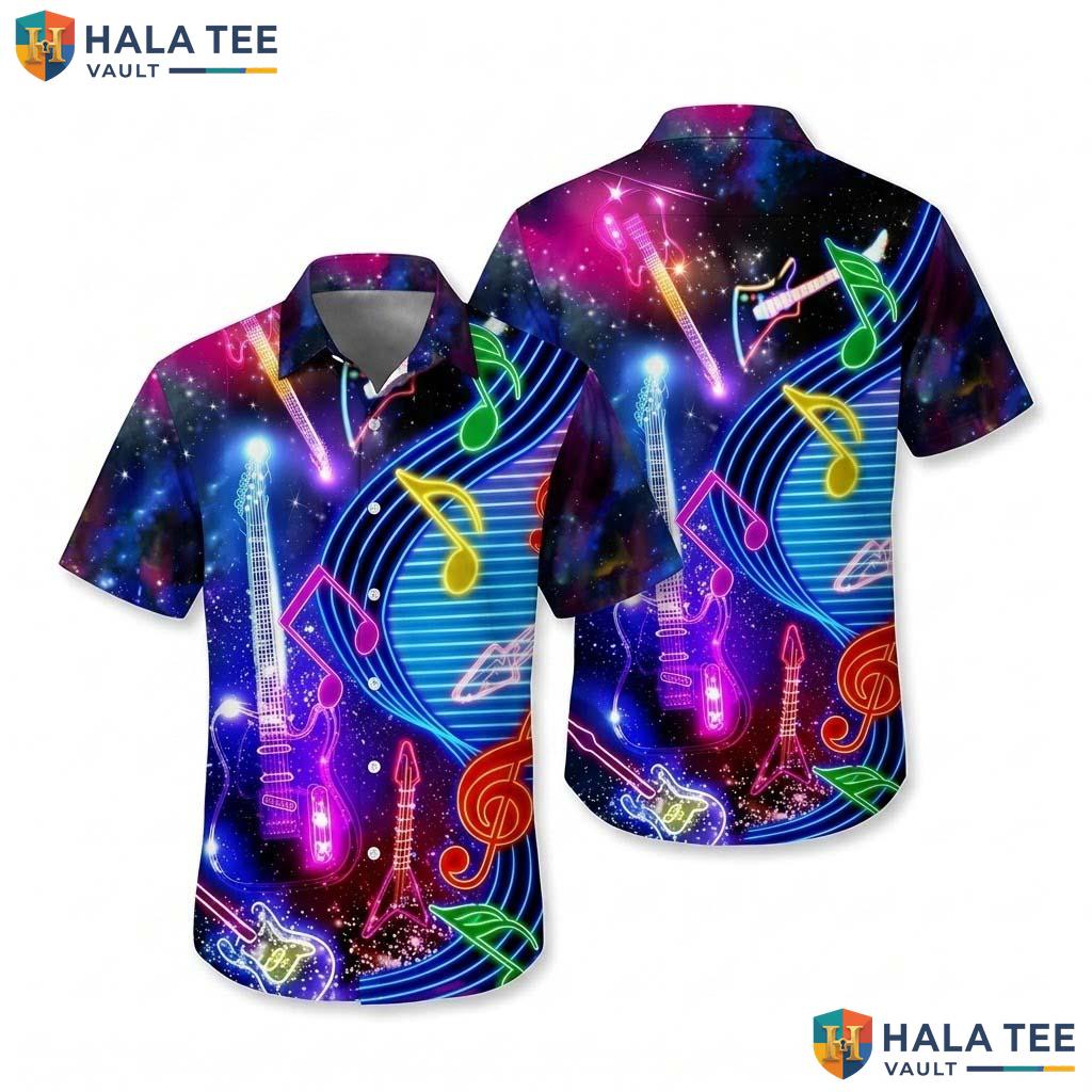 Vibrant Music Lover Hawaiian Shirt Colorful Party Guitar Musical Note Apparel
