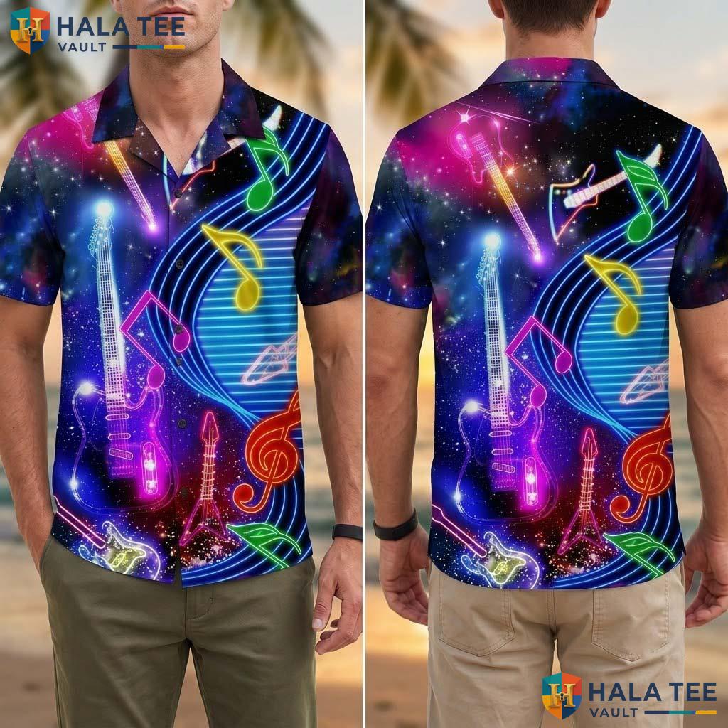 Vibrant Music Lover Tropical Shirt Colorful Party Guitar Musical Note Apparel