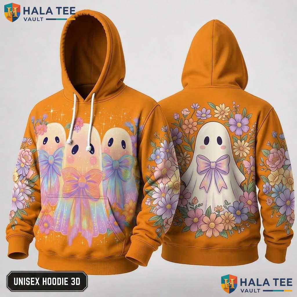 Vibrant Orange Ghost Floral 3D Hoodie Cute Playful Cartoon Sweatshirt
