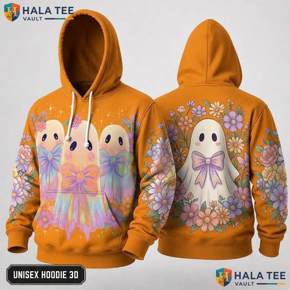 Vibrant Orange Ghost Floral 3D Hoodie Cute Playful Cartoon Sweatshirt