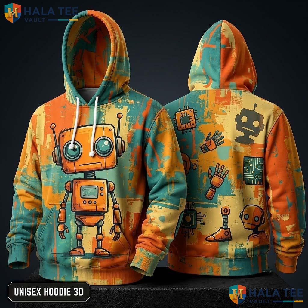 Vibrant Orange Robot 3D Hoodie Cool Graphic Design Casual Streetwear