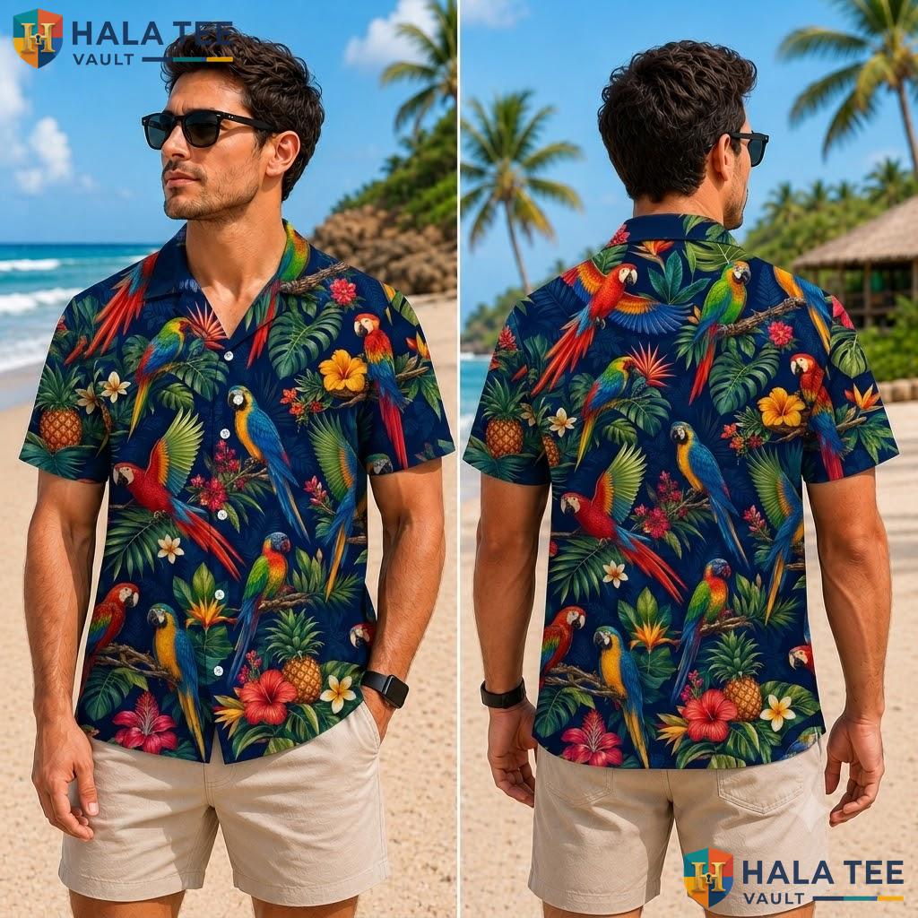 Vibrant Parrot Tropical Hawaiian Shirt Colorful Summer Beach Casual Top