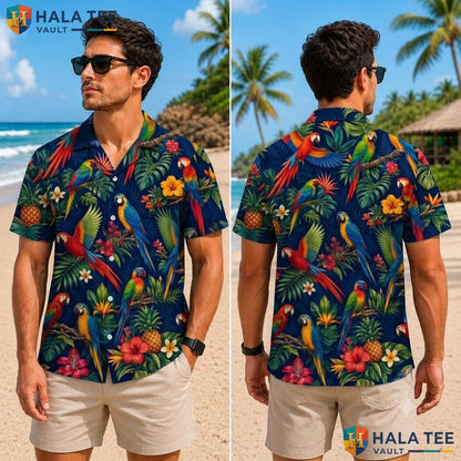 Vibrant Parrot Tropical Hawaiian Shirt Colorful Summer Beach Casual Top