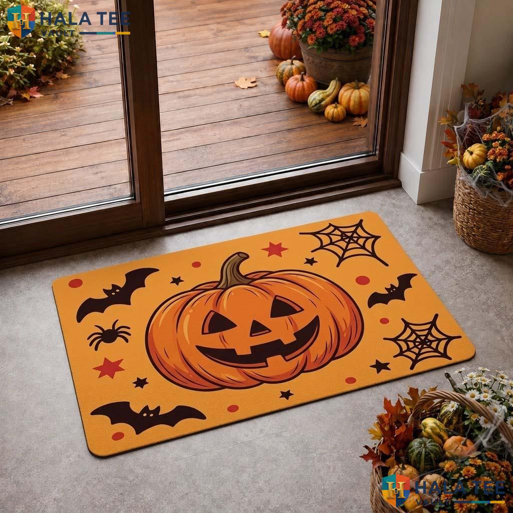Vibrant Pumpkin Fall Doormat Playful Bat Spider Welcome Entryway Decor