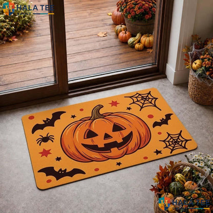 Vibrant Pumpkin Fall Doormat Playful Bat Spider Welcome Entryway Decor