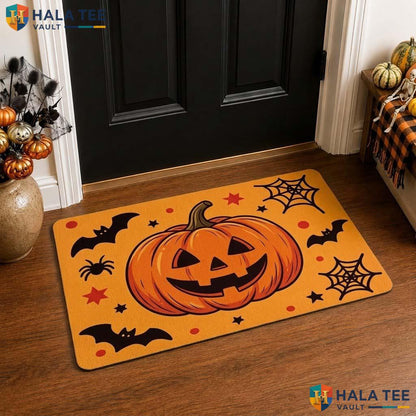 Vibrant Pumpkin Fall Front door mat Playful Bat Spider Welcome Entryway Decor