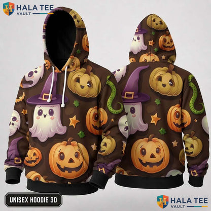 Vibrant Pumpkin Ghost 3D Hoodie Playful Graphic Halloween Sweatshirt