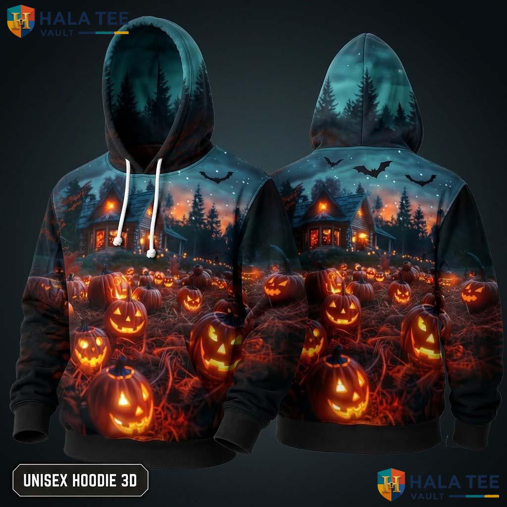 Vibrant Pumpkin Patch 3D Hoodie Spooky Graphic Pullover Sweatshirt