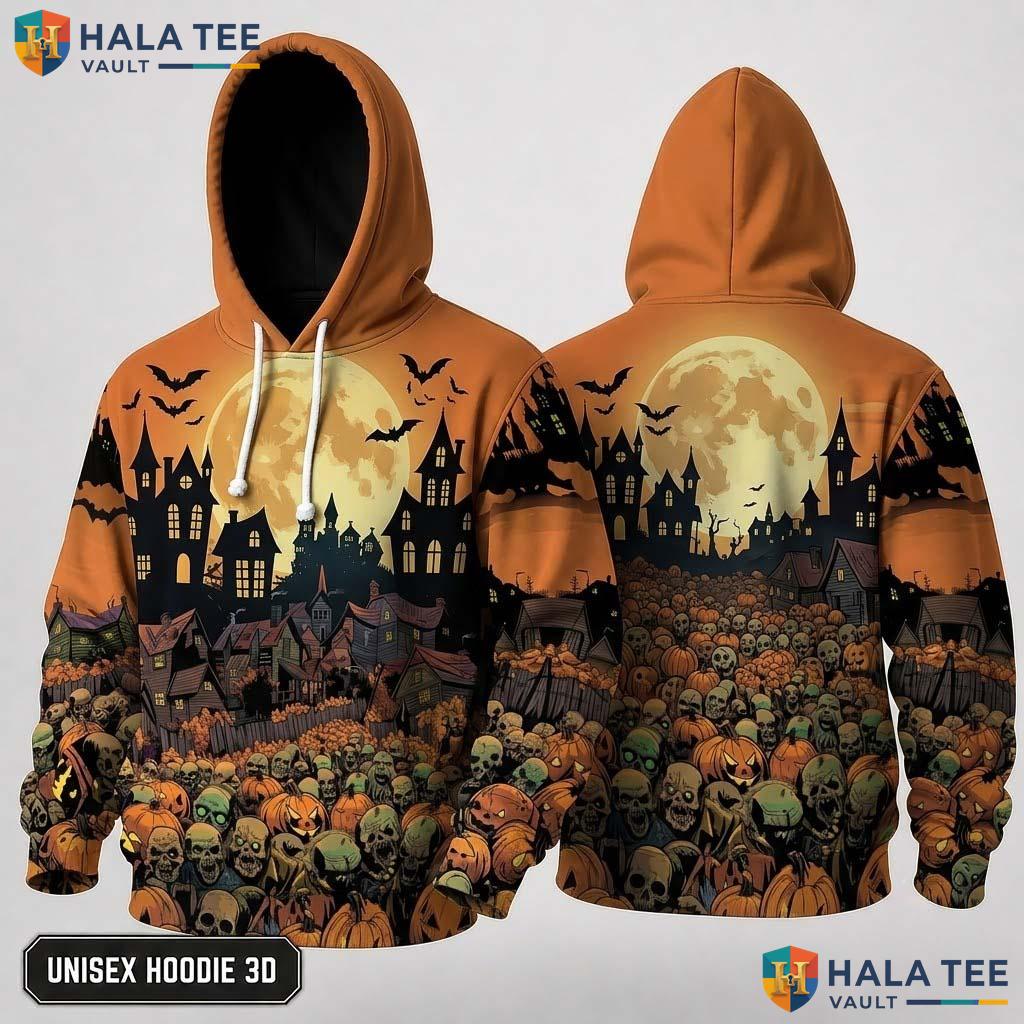 Vibrant Pumpkin Skull Moon 3D Hoodie Cute Graphic Halloween Sweatshirt
