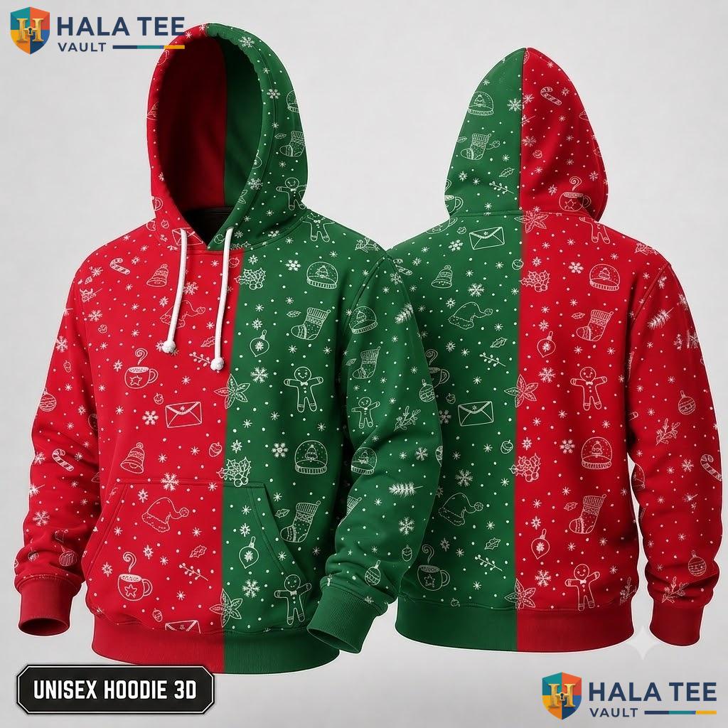 Vibrant Red Green Cartoon Xmas 3D Hoodie Festive Holiday Icons Top