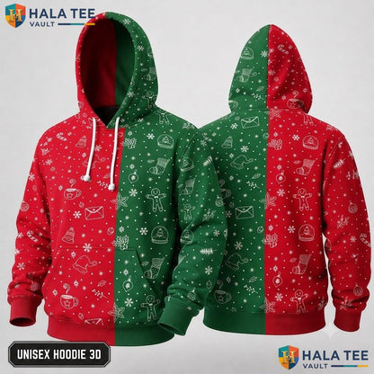 Vibrant Red Green Cartoon Xmas 3D Hoodie Festive Holiday Icons Top