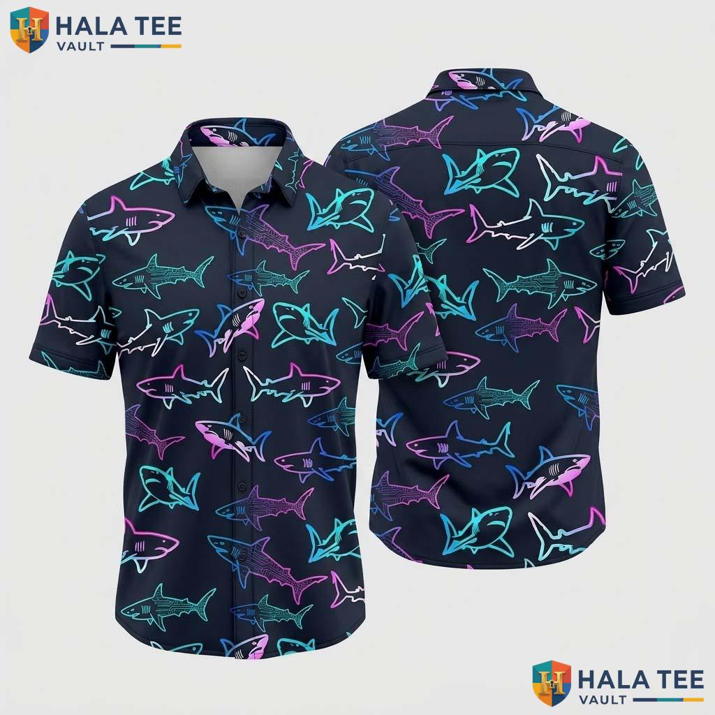 Vibrant Shark Print Hawaiian Shirt Neon Design For Boys Fun Beach Style Top