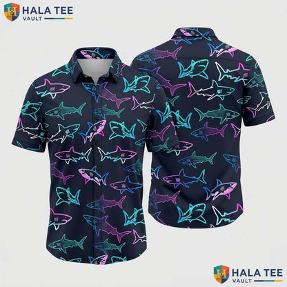 Vibrant Shark Print Hawaiian Shirt Neon Design For Boys Fun Beach Style Top