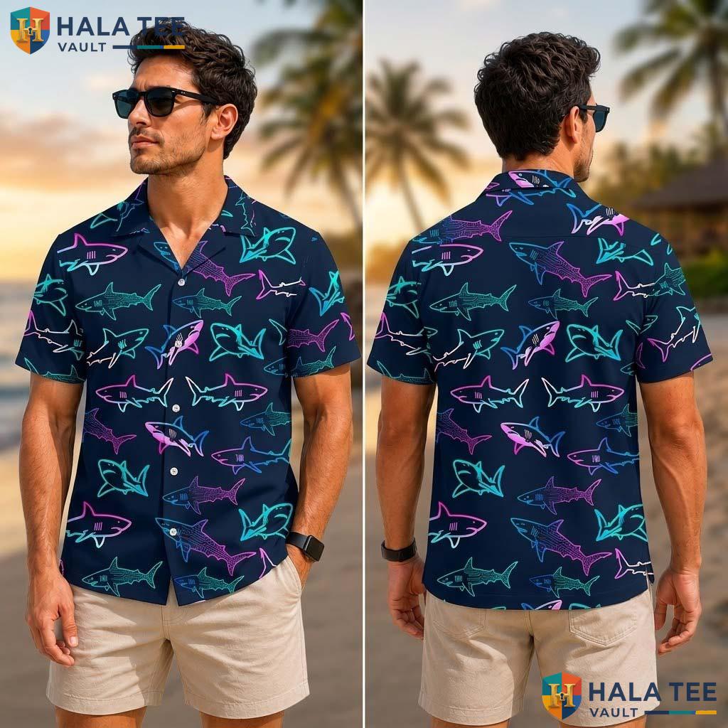 Vibrant Shark Print Tropical Shirt Neon Design For Boys Fun Beach Style Top