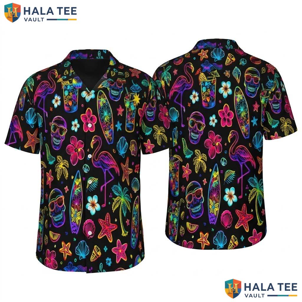 Vibrant Skull Beach Hawaiian Shirt Neon Flamingo Surfboard Summer Fun Apparel
