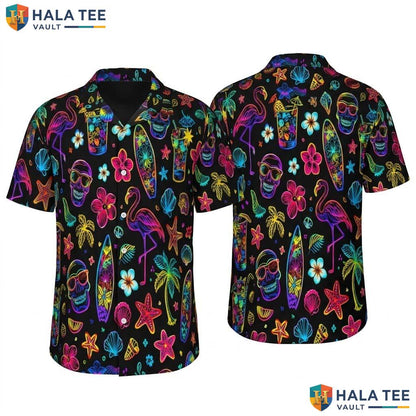 Vibrant Skull Beach Hawaiian Shirt Neon Flamingo Surfboard Summer Fun Apparel