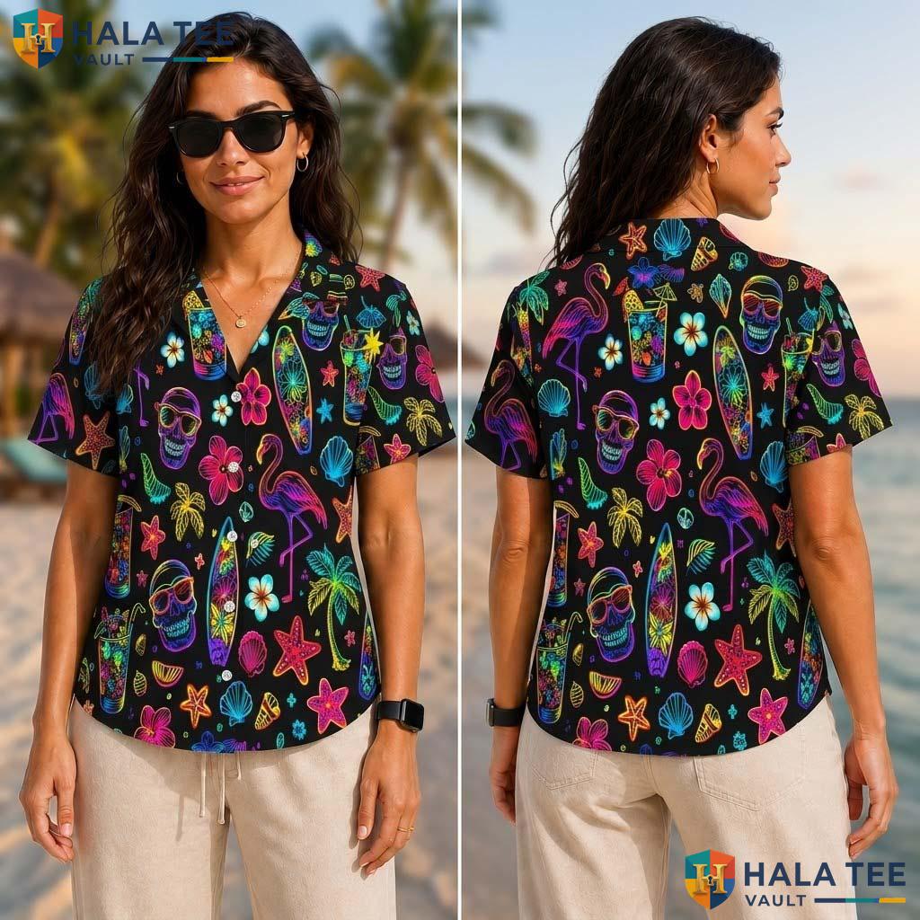 Vibrant Skull Beach Tropical Shirt Neon Flamingo Surfboard Summer Fun Apparel