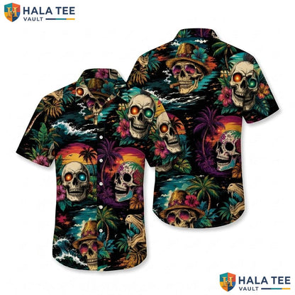 Vibrant Skull Graphic Aloha Shirt Multicolored Summer Button Down Mens Top