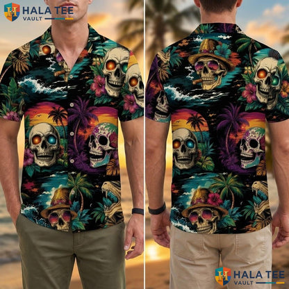 Vibrant Skull Graphic Aloha Shirt Multicolored Summer Button Down Mens Top Adult