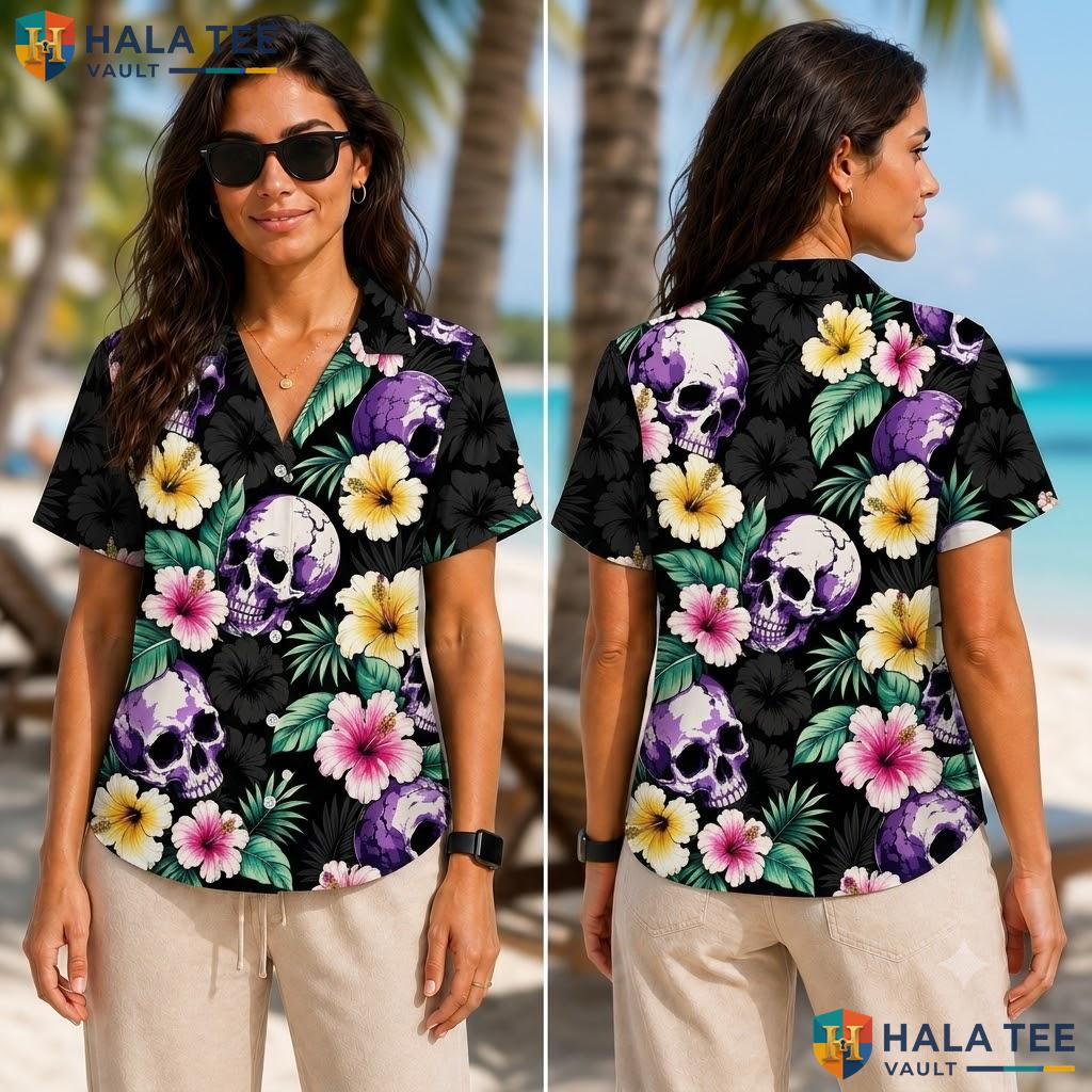 Vibrant Skull Tropical Hawaiian Shirt Purple Black Design Summer Apparel Adult