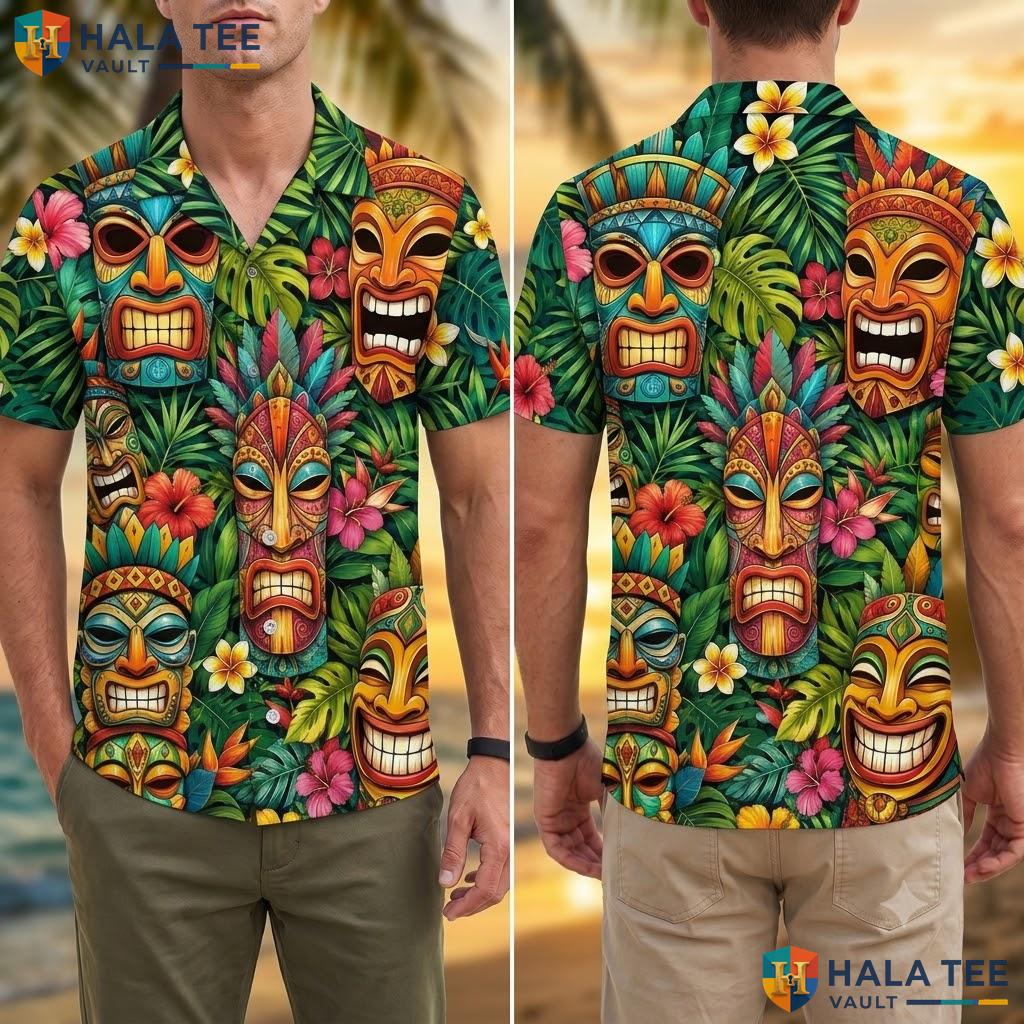 Vibrant Tiki Mask Hawaiian Shirt Funny Tropical Summer Party Button Down Adult