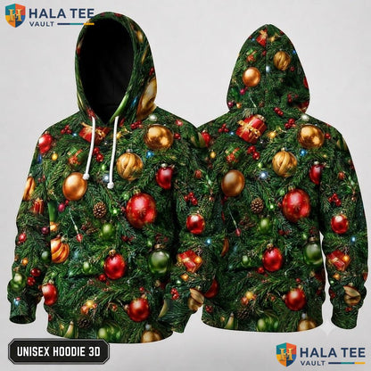 Vibrant Tree Ornaments Xmas 3D Hoodie Playful Green Holiday Top