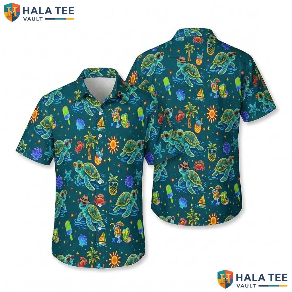 Vibrant Turtle Tropical Hawaiian Shirt Colorful Sea Turtle Button Down Top