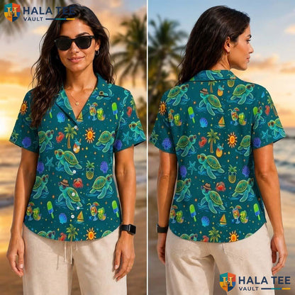 Vibrant Turtle Tropical Tropical Shirt Colorful Sea Turtle Button Down Top