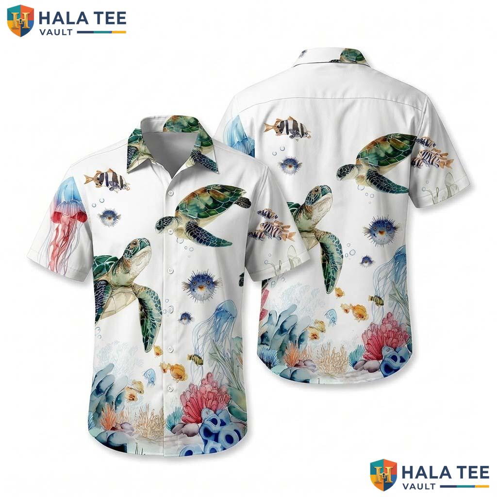 Vibrant Turtle Watercolor Hawaiian Shirt Ocean Life Jellyfish Button Down
