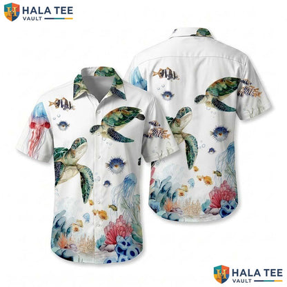 Vibrant Turtle Watercolor Hawaiian Shirt Ocean Life Jellyfish Button Down
