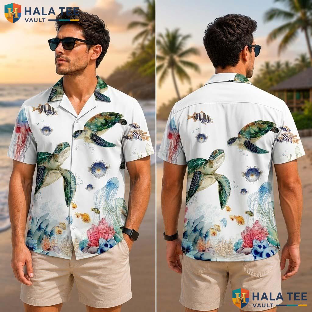 Vibrant Turtle Watercolor Tropical Shirt Ocean Life Jellyfish Button Down